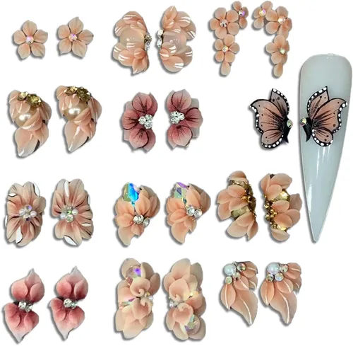 Vista 4 de Abalorios de uñas de flores en 3D de acrílico otoño, hechos a mano con polvo acrílico - Kit de 24 piezas de flores, diamantes de imitación