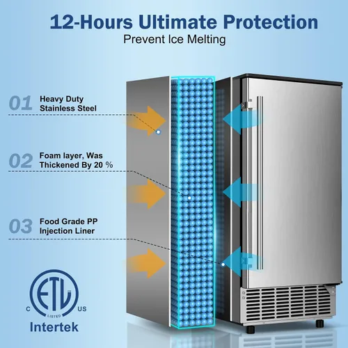 Vista 3 de Máquina de hielo debajo del mostrador, 95 libras/día con contenedor de almacenamiento de 35 libras, 40 cubos en 10 minutos, puerta reversible