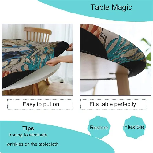 Vista 3 de Mantel ajustable con temática náutica con diseño de cangrejo, mapa de vida costero azul del océano, borde elástico, cubierta impermeable y lavable
