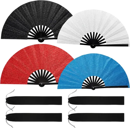 Vista 10 de Qunclay Paquete de 4 abanicos plegables grandes para rave de mano para baile de línea, fanáticos chinos, japoneses, para fiestas de festivales