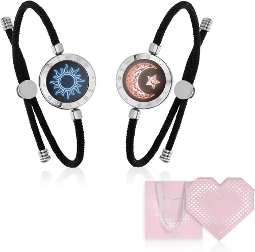 Vista 11 de TOTWOO Sun and Moon Long Distance Touch Bracelets for Couples Negro y oro rosa