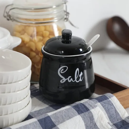 Vista 2 de Cuenco de sal de porcelana con tapa y cuchara de 12 onzas, fácil de limpiar (negro)