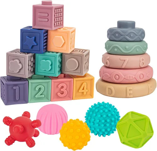 Vista 8 de SpringFlower Juguetes Montessori 3 en 1 para bebés de 0-3-6-12 meses, dentición suave para bebés, bloques de construcción apilables para bebés