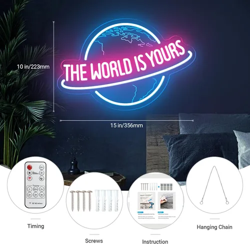 Vista 4 de Letrero de neón con atenuador remoto, lámpara de luz LED de neón azul hielo y rosa planeta para decoración de pared, cueva de hombre, hogar, bar