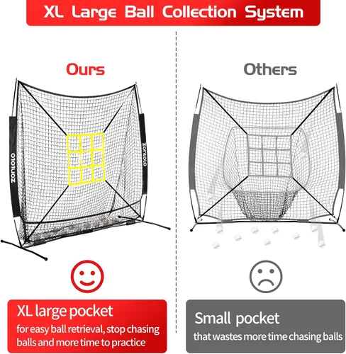 Vista 4 de ZONLOLO 6x6ft Baseball & Softball Net for Hitting,Pitching and Batting, Throwing,Baseball net with Sturdy Bow Frame,Battting Tee,Strike Zone, Middle