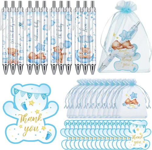 Vista 7 de Chuangdi 50 juegos de regalos de baby shower para invitados, incluye 50 bolígrafos, tarjetas de agradecimiento y bolsas de organza, Abeja
