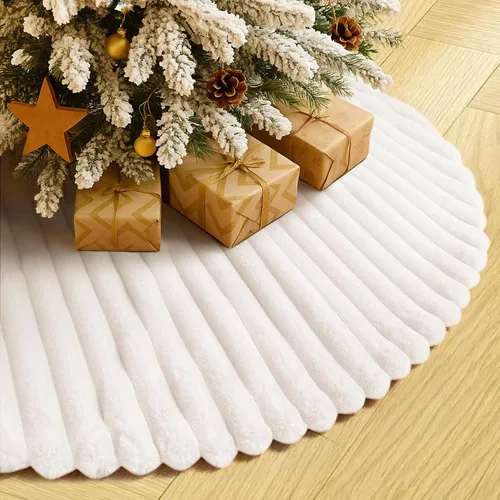 Vista 26 de Falda de Árbol de Navidad de 24 Pulgadas - Falda de Árbol de Piel Sintética Esponjosa Beige Blanca, Decoración Navideña de Felpa de Color Toka