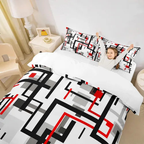Vista 3 de Juego de ropa de cama de líneas negras, rojas y grises, tamaño individual para habitación de niños y niños, juego de funda de edredón con costuras
