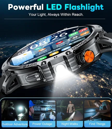 Vista 4 de Reloj inteligente militar para hombre, pantalla grande HD de 1.85 pulgadas, llamada Bluetooth, 1000 mAh, linterna, monitor de sueño de frecuencia