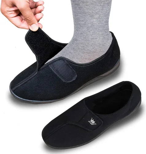 Vista 5 de Pantuflas anchas de espuma viscoelástica 80-D con cierre ajustable para hombre, cómodas y cálidas, de forro polar, artritis, edema, cierre