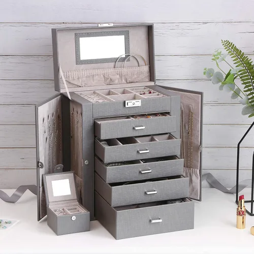 Vista 7 de ANWBROAD Caja de joyería grande de 6 niveles organizador de joyas con cerradura de espejo caja de joyería para niñas aretes anillos collares
