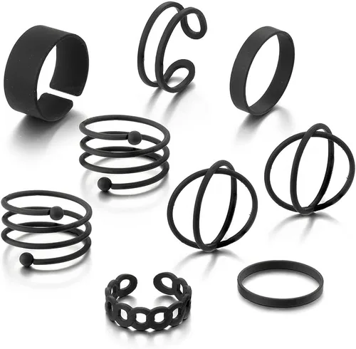 Vista 5 de Juego de anillos negros para nudillos para mujer, vintage, apilables, anillos midi bohemios, de cristal, perla y ola marina, paquete de anillos