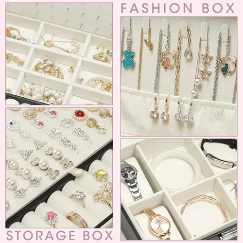 Vista 9 de Joyero organizador para mujeres y niñas, 2 capas de viaje con rollo de joyería plegable, juego de almacenamiento de joyas de cuero para anillos
