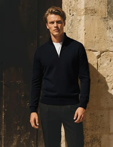 Vista 2 de H2H Suéter de cuarto cremallera para hombre, estilo casual, ajustado, polo Kmoswl021-azul marino