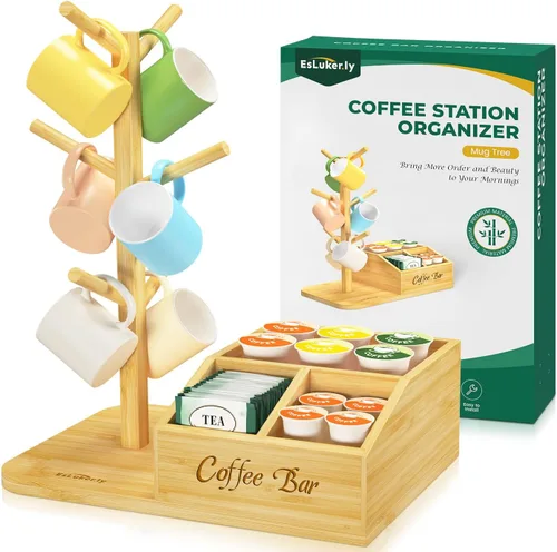 Vista 14 de EsLuker.ly Soporte para tazas de café, organizador de estación de barra de árbol, soporte para tazas de 2 niveles para encimera de cocina, estante