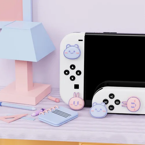 Vista 5 de PlayVital para Nintendo Switch Joystick Caps Kawaii Bear & Bunny Silicone Thumbstick Caps para Switch, Switch Lite, OLED Joycon
