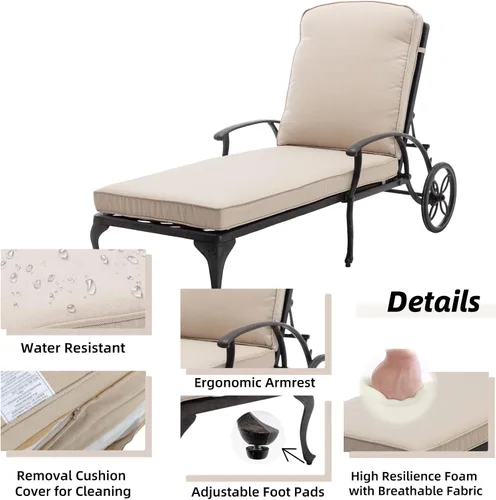 Vista 5 de Chaise Lounge - Silla de patio con ruedas, ajustable, reclinable, resistente al óxido, de aluminio fundido junto a la piscina, cojín beige
