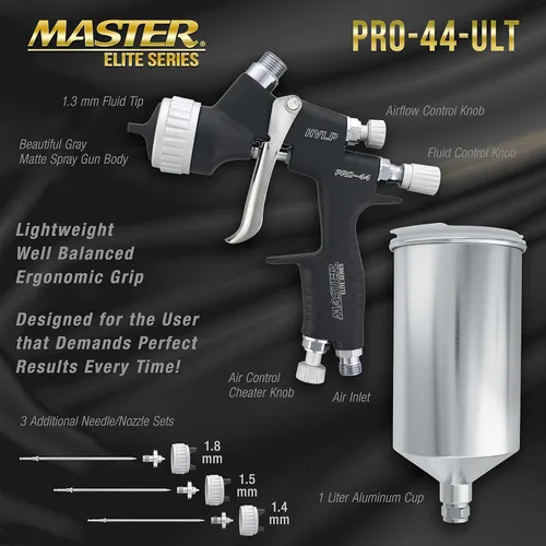 Vista 3 de Master Pro 44 Series - Pistola de pulverización HVLP de alto rendimiento con punta de 0.051 pulgadas con regulador de presión de aire, ideal