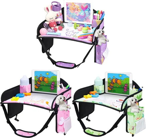 Vista 20 de 2 piezas Bandeja de viaje para niños, bandeja para asiento de coche para niños Viaje, Esenciales de viaje en carretera para niños con kit de dibujo