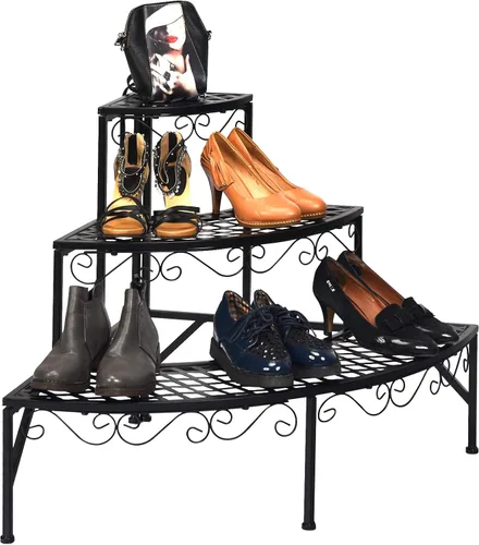 Vista 8 de Giantex Soporte esquinero de metal de 3 niveles, estante esquinero redondo para plantas con almohadillas antideslizantes, estante esquinero