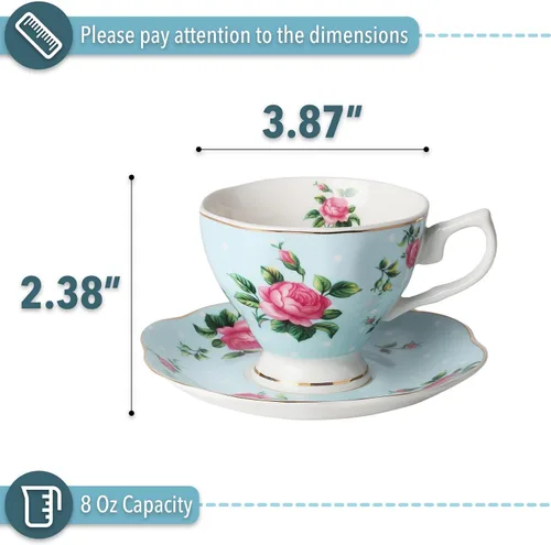 Vista 3 de BTaT- Juego de 2 tazas de té y platillos florales, 8 onzas, juego de tazas de té de porcelana fina con ribete dorado para té de la tarde, bodas