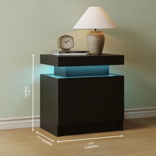 Vista 2 de Mesita de noche LED blanca moderna para mesita de noche de dormitorio con 2 Todo negro