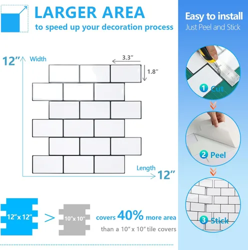 Vista 5 de STICKGOO - Azulejos de metro blancos para despegar y pegar, azulejos adhesivos para cocina (paquete de 1, diseño más grueso)