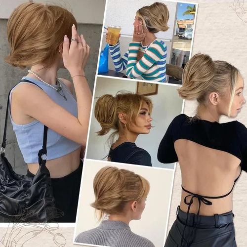 Vista 6 de BARSDAR Extensiones de Moño de Cabello Liso - Extensiones de Moño de Cola de Caballo Corta y Lisa para Mujeres, Coleteros de Moño de Cabello