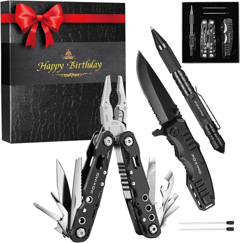 Vista 9 de Juego de regalo multiherramienta para hombres, para papá, él, kit de supervivencia EDC 3 en 1 con alicates múltiples 14 en 1, cuchillo de bolsillo