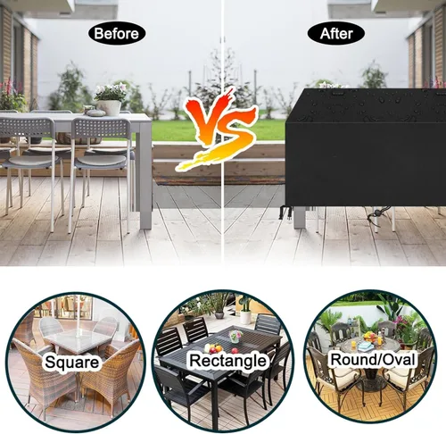 Vista 5 de Fundas para muebles de patio al aire libre, impermeables, 600D, rectangular, juego de mesa y silla, a prueba de viento, polvo, anti-UV, duradera