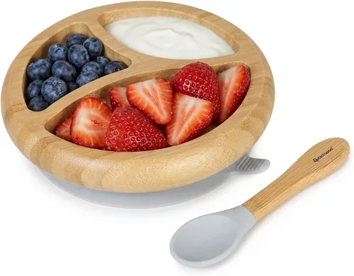 Vista 8 de Abiie Octopod Bamboo Dish & Spoon - Plato de succión para bebé - 4 meses y más - Azul 3-Compartment Round Kids Plate, High Chair Accessories