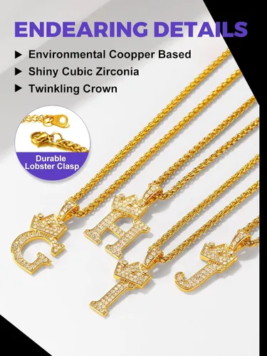 Vista 4 de Richsteel Initial Necklace for Men A-Z 18K Gold Plated Crown Shiny Cubic Zirconia Monogram Pendant for Women Fashion Jewelry