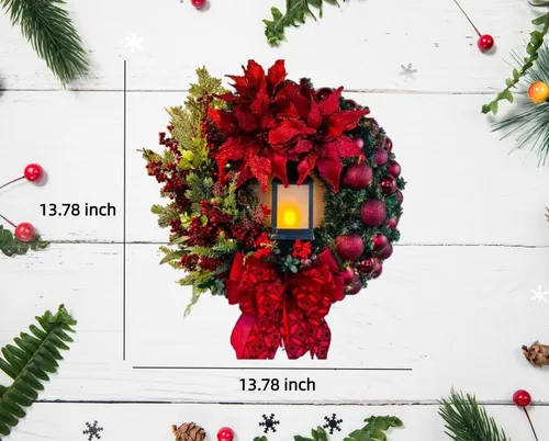Vista 2 de Corona de Navidad con lámpara de aceite LED, funciona con pilas (no incluida), lazo rojo grande, adornos de bayas, decoración de puerta de Navidad