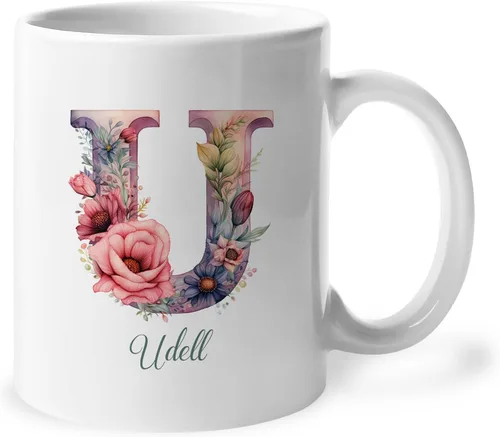 Vista 30 de Taza de café personalizada de la letra A del alfabeto, Taza de café blanca con nombre personalizado único, Taza inicial de monograma floral