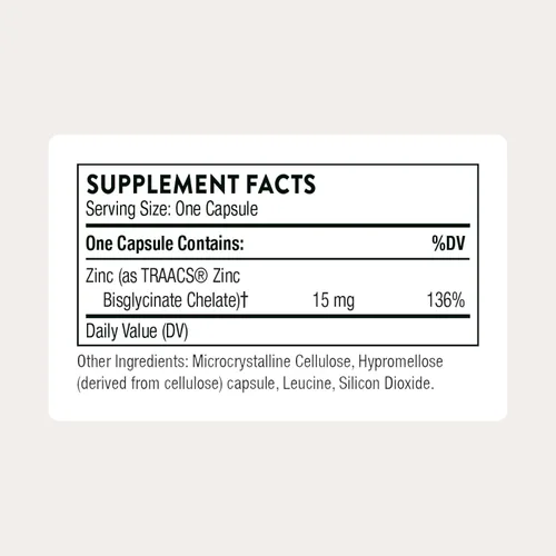 Vista 2 de THORNE - Bisglicinato de zinc 15 mg - Apoyo diario para la salud de la piel, los ojos y el sistema inmunológico* - Suplemento de zinc quelado - 60