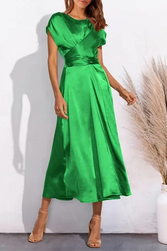 Vista 4 de PRETTYGARDEN Vestido midi de satén de verano 2023 para mujer, manga casquillo, lazo en la cintura, elegante, vestido acampanado