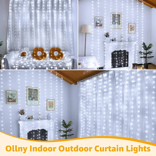 Vista 8 de Ollny Luces de Cortina 300LED 9.8ftx9.8ft, Conectables IP67 Impermeables para Exteriores con Control Remoto, Luces de Hadas Enchufables Sin Enredos