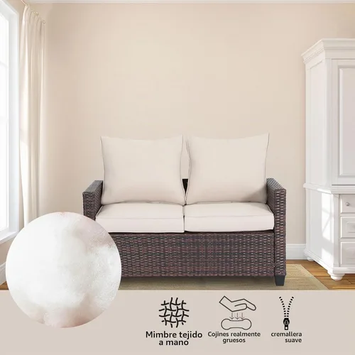 Vista 5 de EortheX - Sofá biplaza de mimbre de ratán de 2 asientos, color beige, para jardín