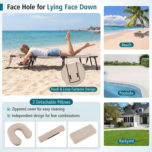 Vista 6 de Tangkula Sillón de playa, reclinable plegable para tomar el sol con agujero frontal, silla de bronceado boca abajo con respaldo ajustable de 4 Beige