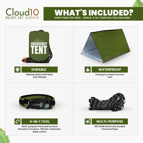Vista 2 de CloudTen Emergency Tent: Lightweight 2 Person Survival Tent with Multi-Function Paracord Bracelets - Essential Survival Gear & Bug Out Bag Items for