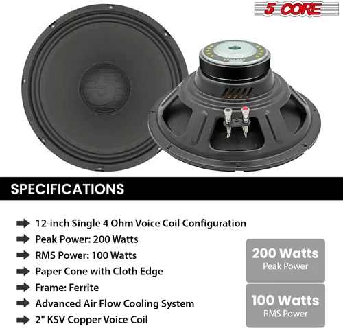 Vista 6 de 5 CORE Altavoz de 12 pulgadas de audio para coche 200W Componente de repuesto Controlador 4Ohm 30 Oz Imán 2 "Sistema de altavoces de bobina de voz