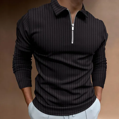 Vista 2 de Polo de manga larga para hombre, cuello con cremallera, casual, para negocios, camiseta de entrenamiento acanalada