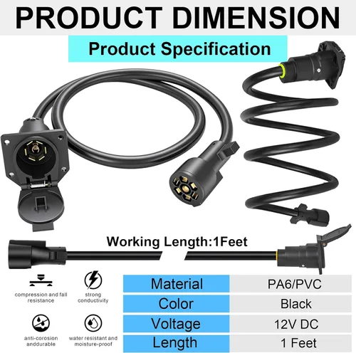 Vista 7 de Cable de extensión de 7 vías para remolque, 1 pie, cable de extensión de 7 vías para remolque, arnés de cableado de 7 puntas, cable de conector