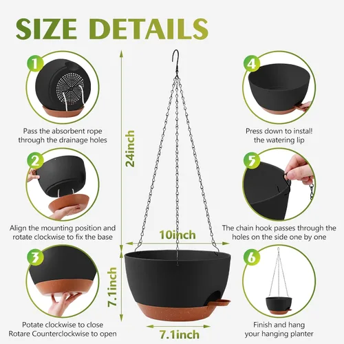 Vista 2 de GARDIFE Macetas colgantes para plantas de interior y exterior, juego de 2 macetas colgantes de riego automático con agujeros de drenaje y bandeja