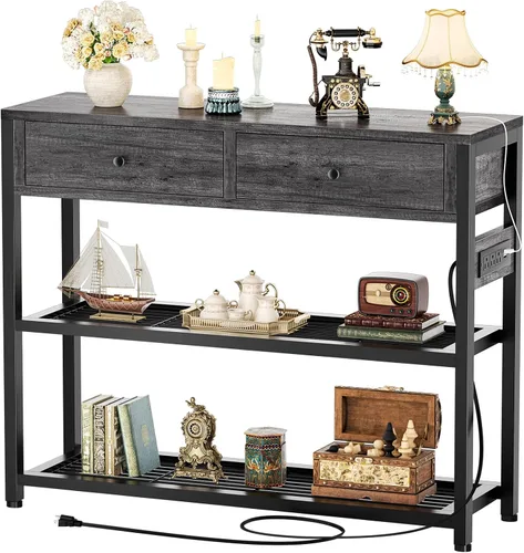 Vista 14 de Ecoprsio Mesa de Entrada con Tomacorrientes y Puertos USB, Mesa Consola con 2 Cajones, Mesa de Sofá Pequeña con Estantes de Almacenamiento para Sala