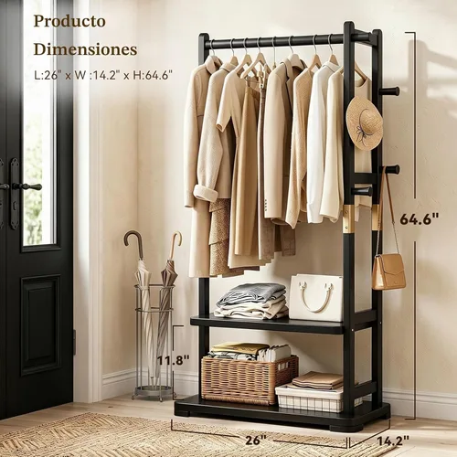 Vista 2 de Taitiy Perchero, perchero independiente de madera maciza, 2 estantes y 5 Negro
