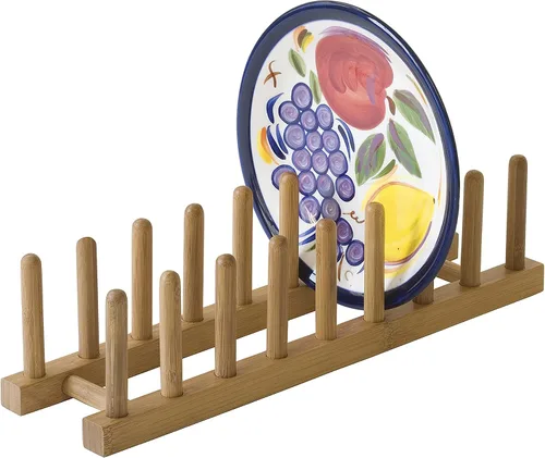 Vista 2 de Lipper International 887 Estante para platos de madera de bambú y soporte para tapa de olla, 15-3/8" x 4-3/8" x 4