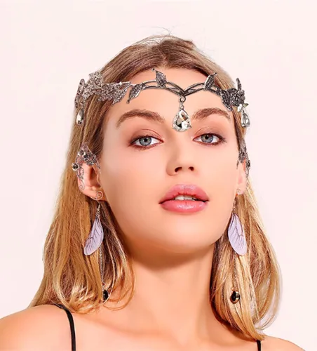Vista 2 de JeVenis Diadema de corona de elfo de hada, gargantilla de hada, puños de orejas de elfo, accesorios de disfraz de elfo de hadas para Halloween