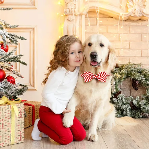 Vista 5 de Malier Lindo collar de Navidad ajustable con corbatín, rayas clásicas para perros y gatos pequeños a grandes (rayas rojas, mediano)