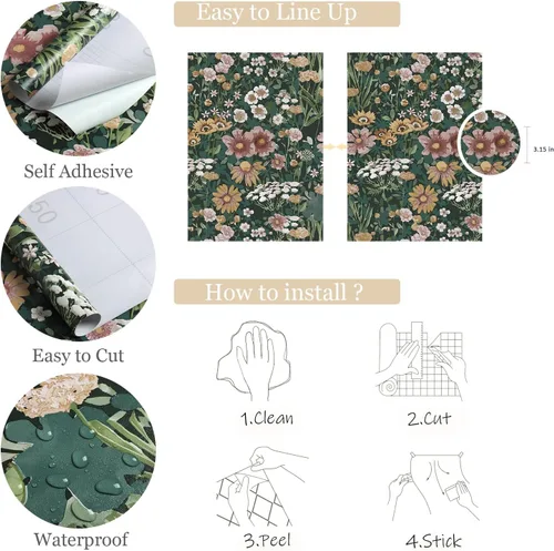 Vista 5 de Orainege Papel tapiz autoadhesivo para despegar y pegar, diseño floral, estilo bohemio, vintage, de 16.9 x 118.1 pulgadas, diseño de margaritas